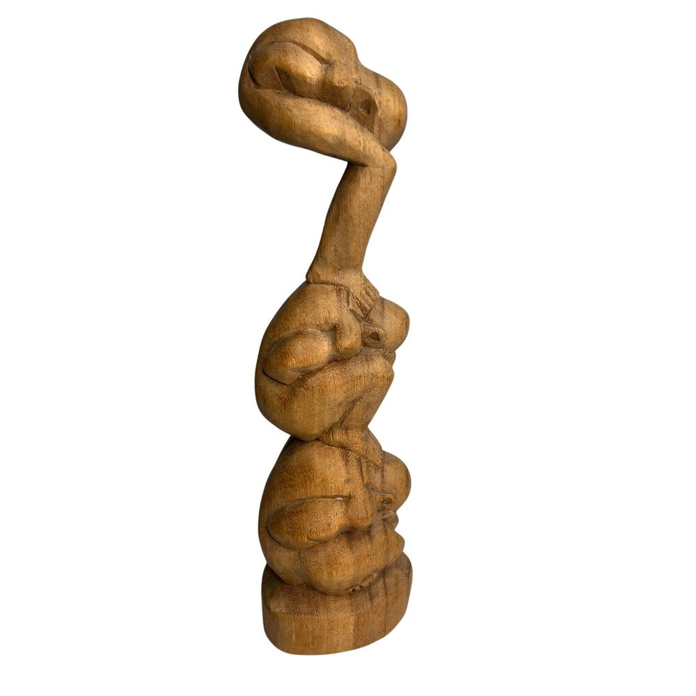 Weeping Buddha Totem Sculpture Hand Carved Wooden Triple Yogi 12 Inches Vintage